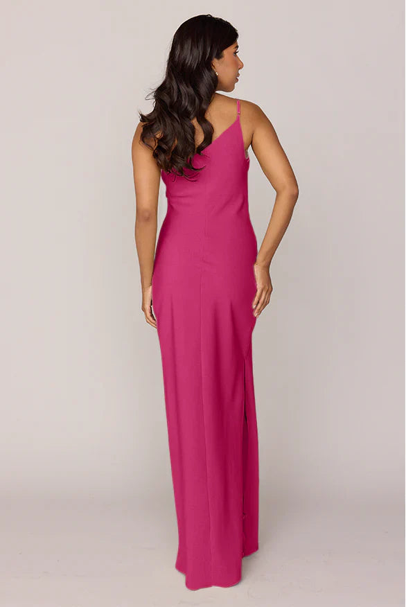 Satin One-Shoulder Bridesmaid Dresses with Ruched Bodice, Single Strap and High Slit Formal Gown
