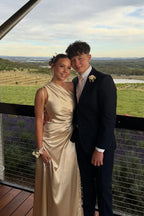 Champagne Satin One-Shoulder Cutout Floor-Length Prom Dress