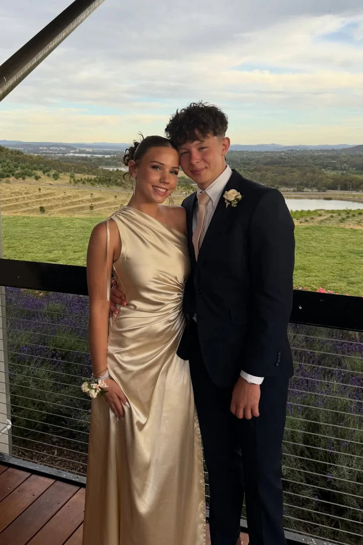 Champagne Satin One-Shoulder Cutout Floor-Length Prom Dress