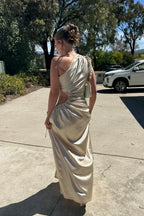 Champagne Satin One-Shoulder Cutout Floor-Length Prom Dress