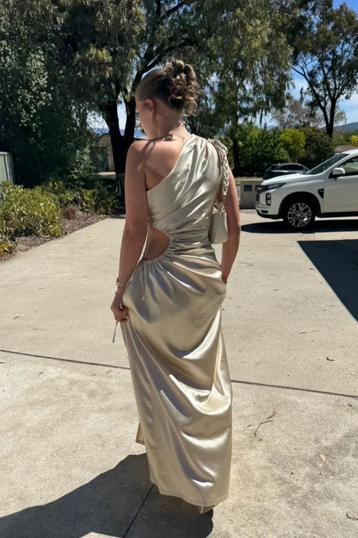 Champagne Satin One-Shoulder Cutout Floor-Length Prom Dress