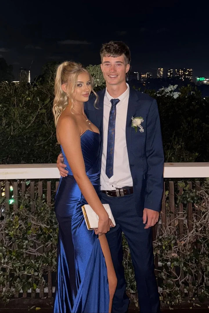 Navy Blue Satin Strapless Sweetheart Lace-Up High-Slit Floor-Length Prom Dress