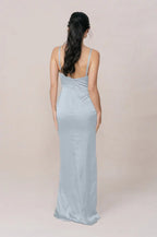 Satin Spaghetti-Strap Deep V-Wrap Bodice High-Slit Sheath Floor-Length Bridesmaid Dresses
