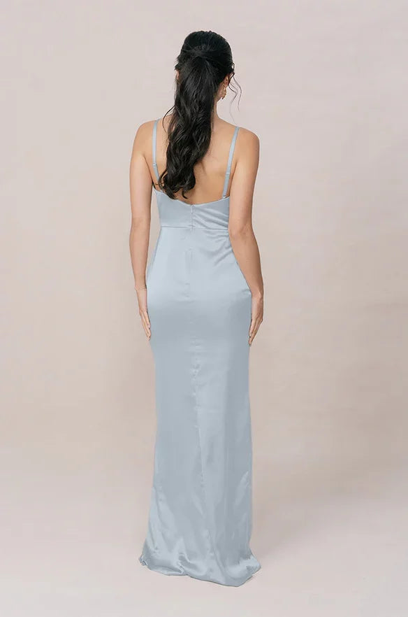 Satin Spaghetti-Strap Deep V-Wrap Bodice High-Slit Sheath Floor-Length Bridesmaid Dresses