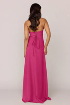 Satin Strapless Bridesmaid Dresses with Bow Detail, Lace-Up Back and High Slit Formal Gown