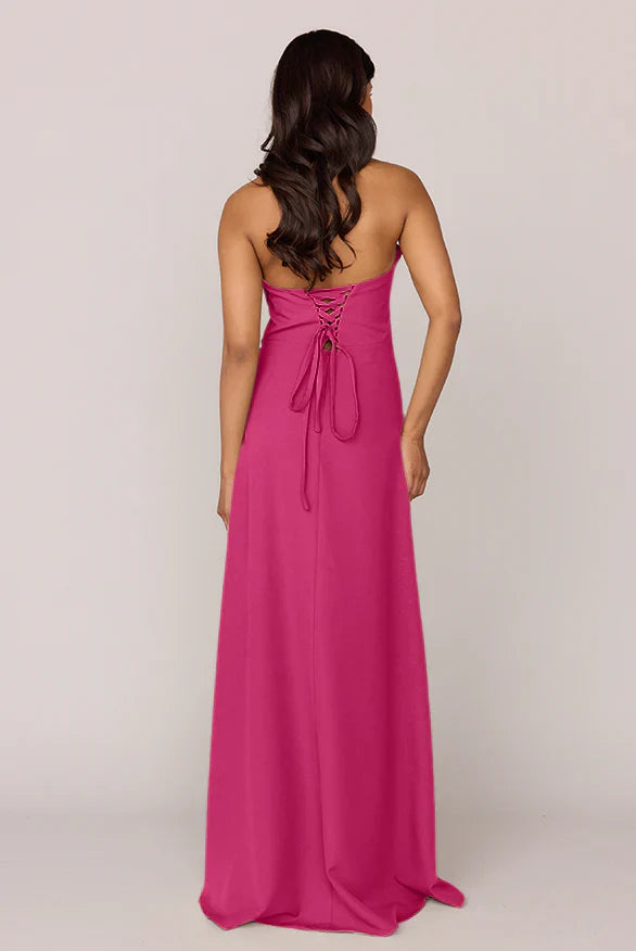 Satin Strapless Bridesmaid Dresses with Bow Detail, Lace-Up Back and High Slit Formal Gown