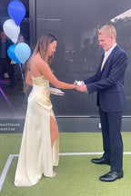 Pale Yellow Strapless Draped High-Slit Floor-Length Prom Dress