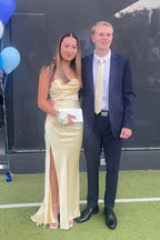 Pale Yellow Strapless Draped High-Slit Floor-Length Prom Dress