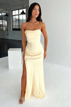 Pale Yellow Strapless Draped High-Slit Floor-Length Prom Dress