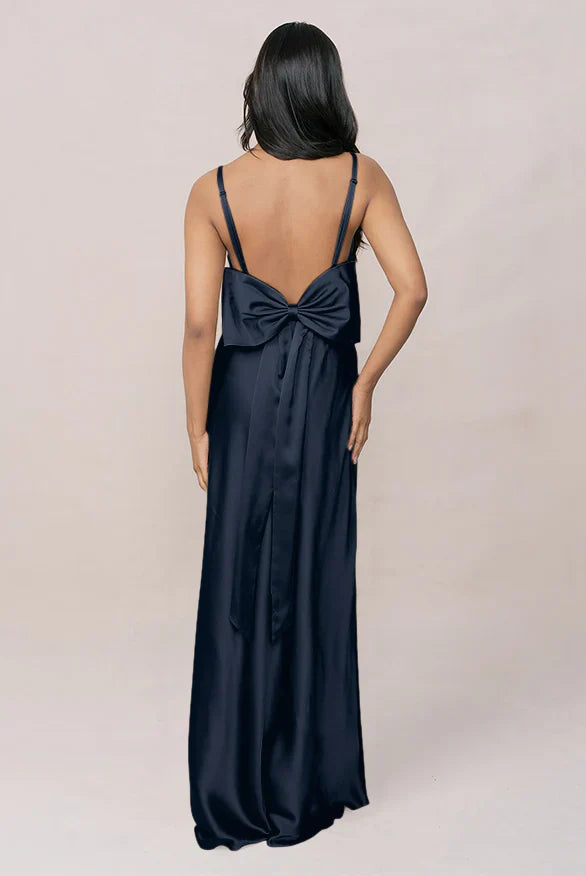 Satin Cowl-Neck Bridesmaid Dress with Spaghetti Straps, High Thigh Slit & Bow-Accented Open Back