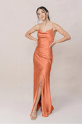 Satin Cowl Neck Bridesmaid Dress with Cross-Back Straps, High Front Slit & Mermaid Hem