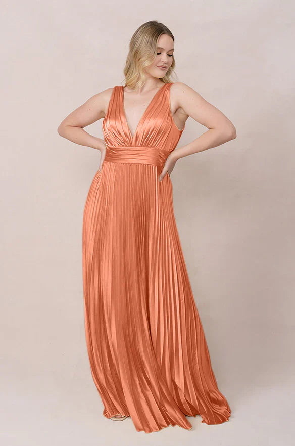 Satin Plunge V-Neck Bridesmaid Dress with Pleated Skirt, Open Back & Hidden Pockets