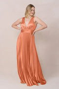 Satin Plunge V-Neck Bridesmaid Dress with Pleated Skirt, Open Back & Hidden Pockets