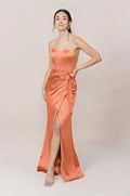 Satin Strapless Bridesmaid Dress with Corset Bodice, Self-Tie Waist, High Front Slit & Hidden Pockets