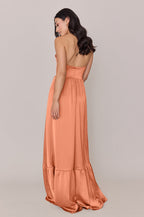 Satin Strapless Bridesmaid Dress with Ruffled Corset Bodice, High Front Slit & Tiered Ruffle Hem