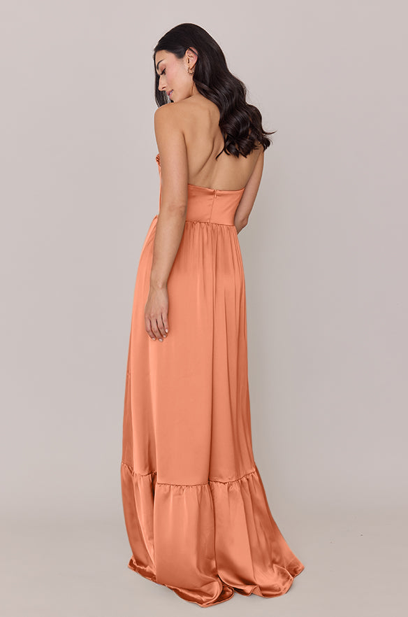 Satin Strapless Bridesmaid Dress with Ruffled Corset Bodice, High Front Slit & Tiered Ruffle Hem