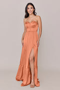 Satin Strapless Bridesmaid Dress with Ruffled Corset Bodice, High Front Slit & Tiered Ruffle Hem