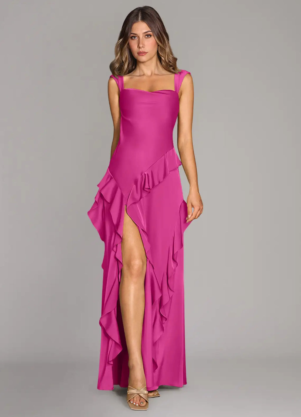 Satin bridesmaid dress with square neck, cascading ruffle trim, open back, and side slit