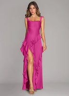 Satin bridesmaid dress with square neck, cascading ruffle trim, open back, and side slit