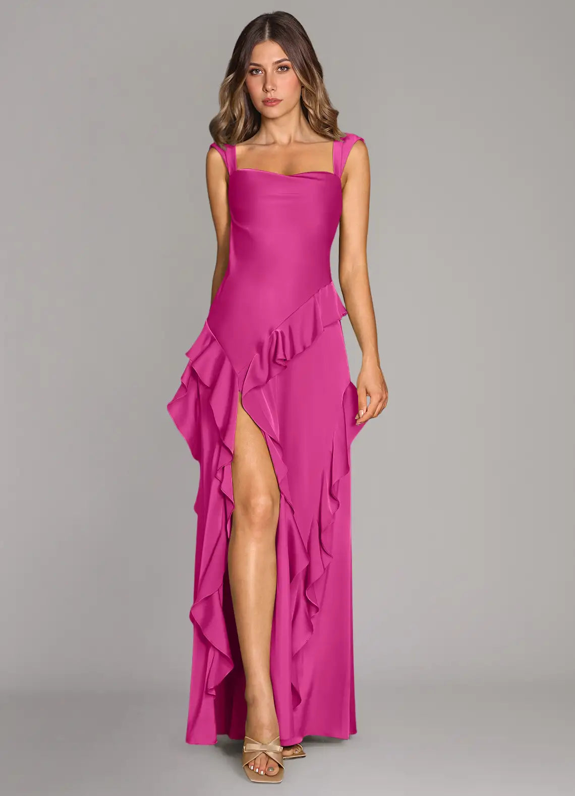 Satin bridesmaid dress with square neck, cascading ruffle trim, open back, and side slit