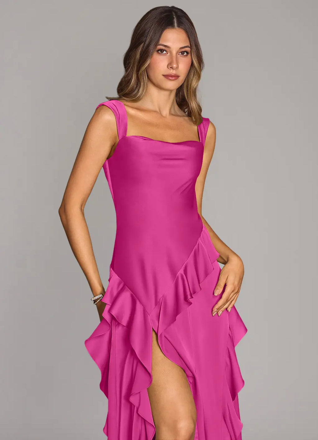 Satin bridesmaid dress with square neck, cascading ruffle trim, open back, and side slit