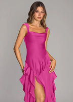 Satin bridesmaid dress with square neck, cascading ruffle trim, open back, and side slit