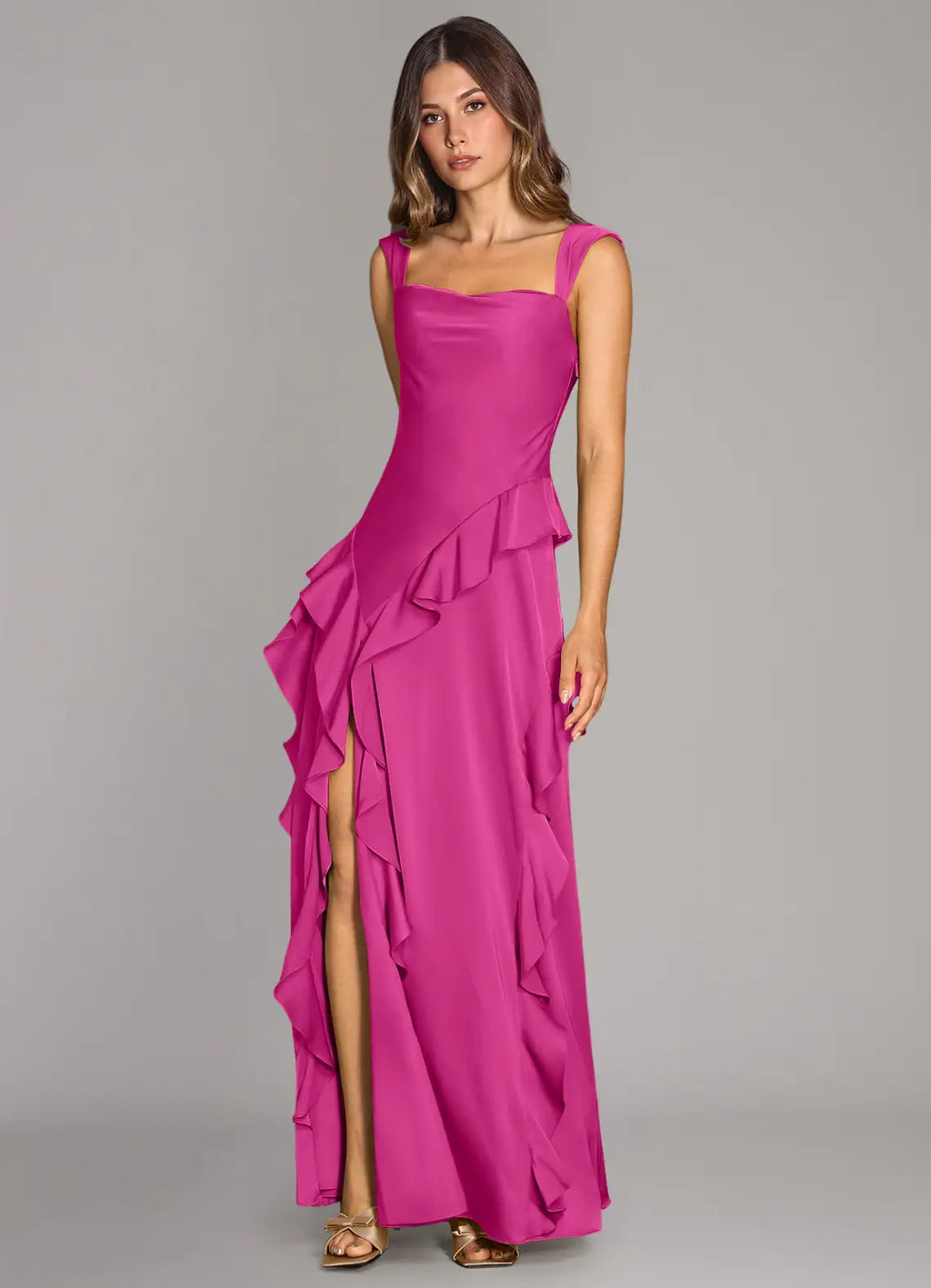 Satin bridesmaid dress with square neck, cascading ruffle trim, open back, and side slit