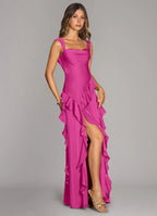 Satin bridesmaid dress with square neck, cascading ruffle trim, open back, and side slit