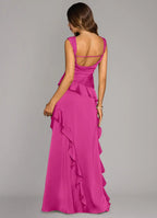 Satin bridesmaid dress with square neck, cascading ruffle trim, open back, and side slit