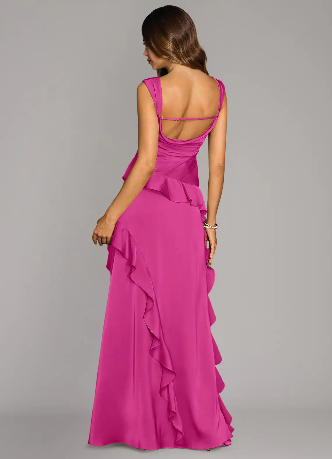 Satin bridesmaid dress with square neck, cascading ruffle trim, open back, and side slit