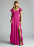 Satin bridesmaid dress with square neck, ruffle sleeves, tie-back, and side slit