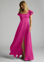 Satin bridesmaid dress with square neck, ruffle sleeves, tie-back, and side slit