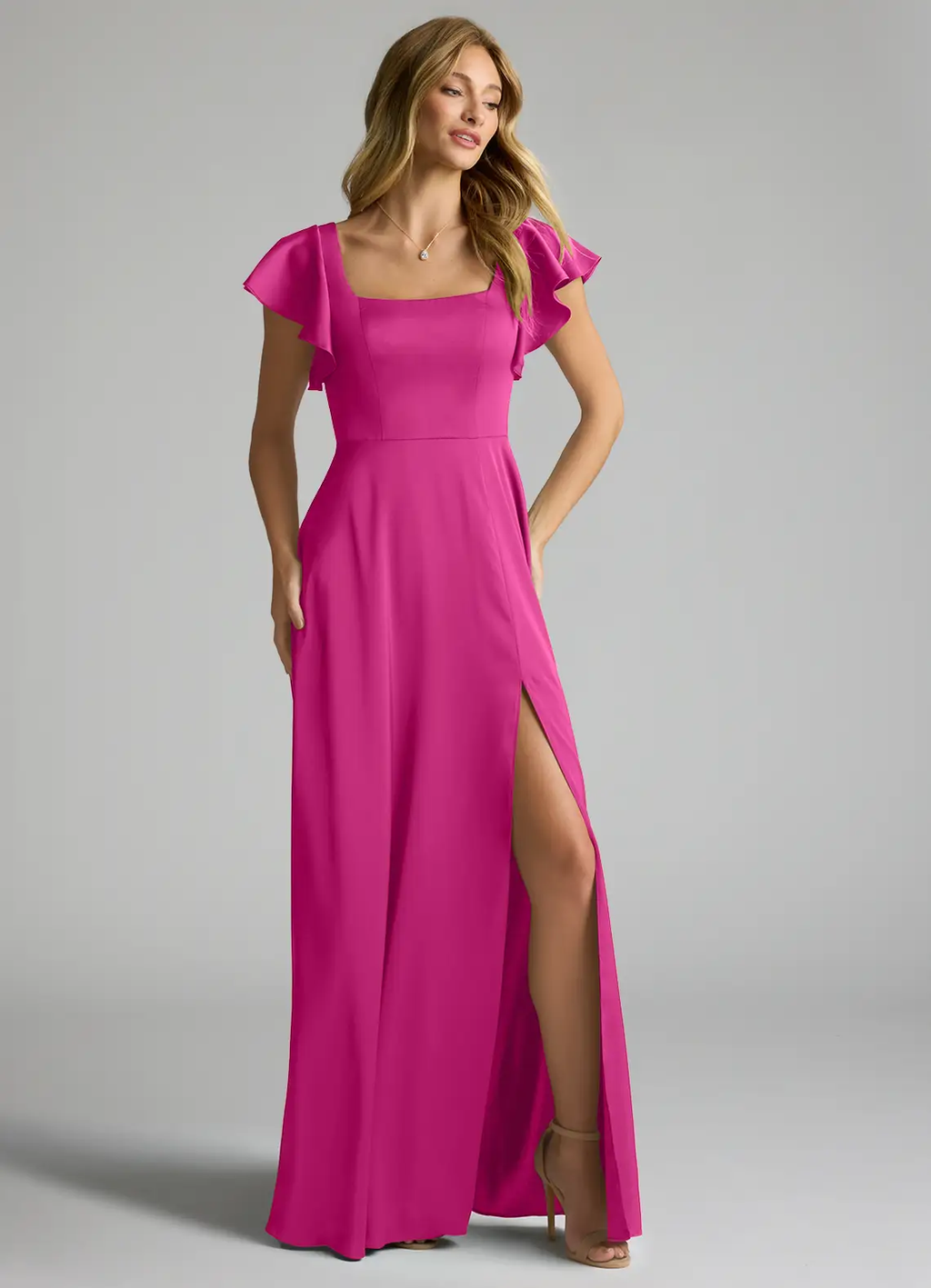 Satin bridesmaid dress with square neck, ruffle sleeves, tie-back, and side slit