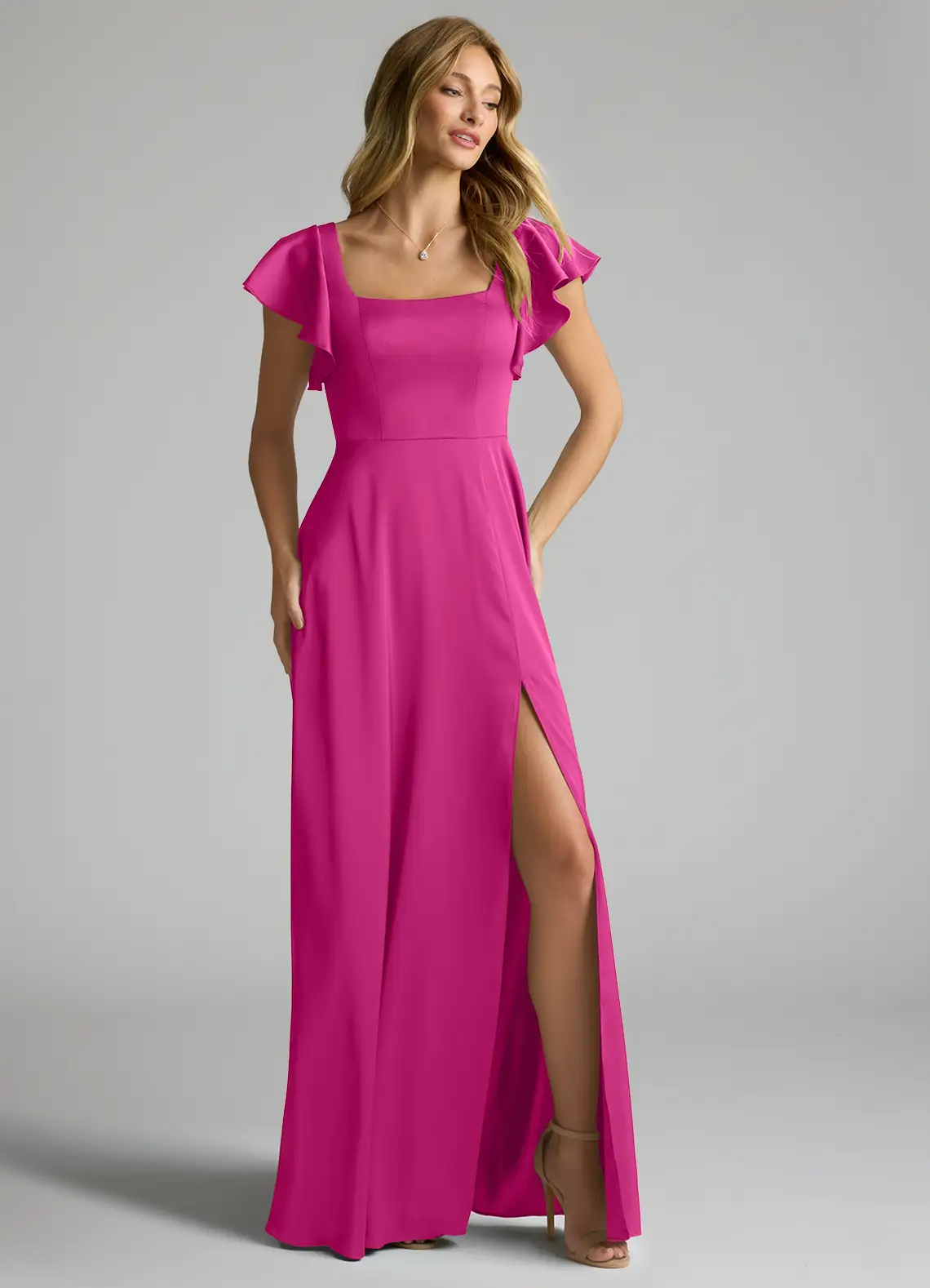Satin bridesmaid dress with square neck, ruffle sleeves, tie-back, and side slit