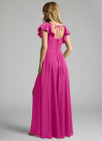 Satin bridesmaid dress with square neck, ruffle sleeves, tie-back, and side slit