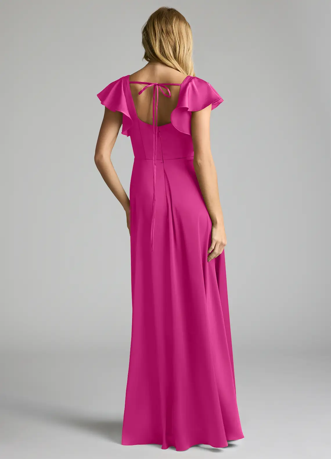 Satin bridesmaid dress with square neck, ruffle sleeves, tie-back, and side slit