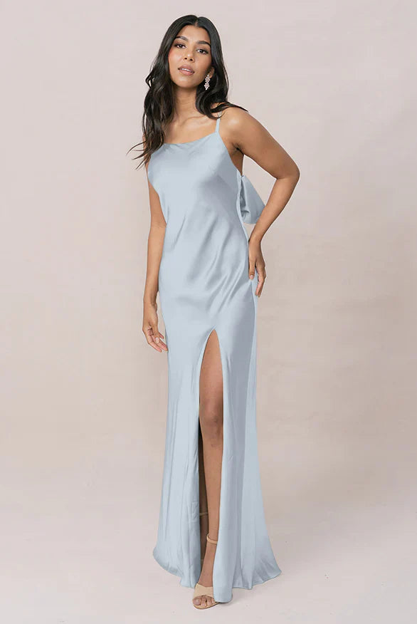 Scoop Neck Satin Bridesmaid Dress with Back Bow Detail, Adjustable Spaghetti Straps & Side High Slit Maxi Silhouette