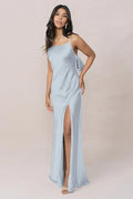 Scoop Neck Satin Bridesmaid Dress with Back Bow Detail, Adjustable Spaghetti Straps & Side High Slit Maxi Silhouette