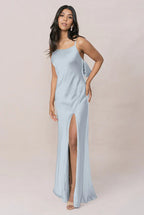 Scoop Neck Satin Bridesmaid Dress with Back Bow Detail, Adjustable Spaghetti Straps & Side High Slit Maxi Silhouette