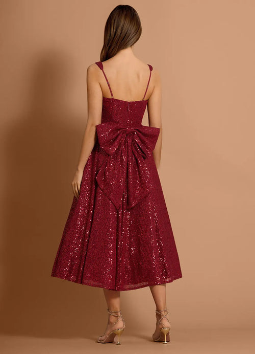 Robe de bal mi-longue sans manches à col carré et dos nu avec nœud papillon en forme de trapèze à paillettes