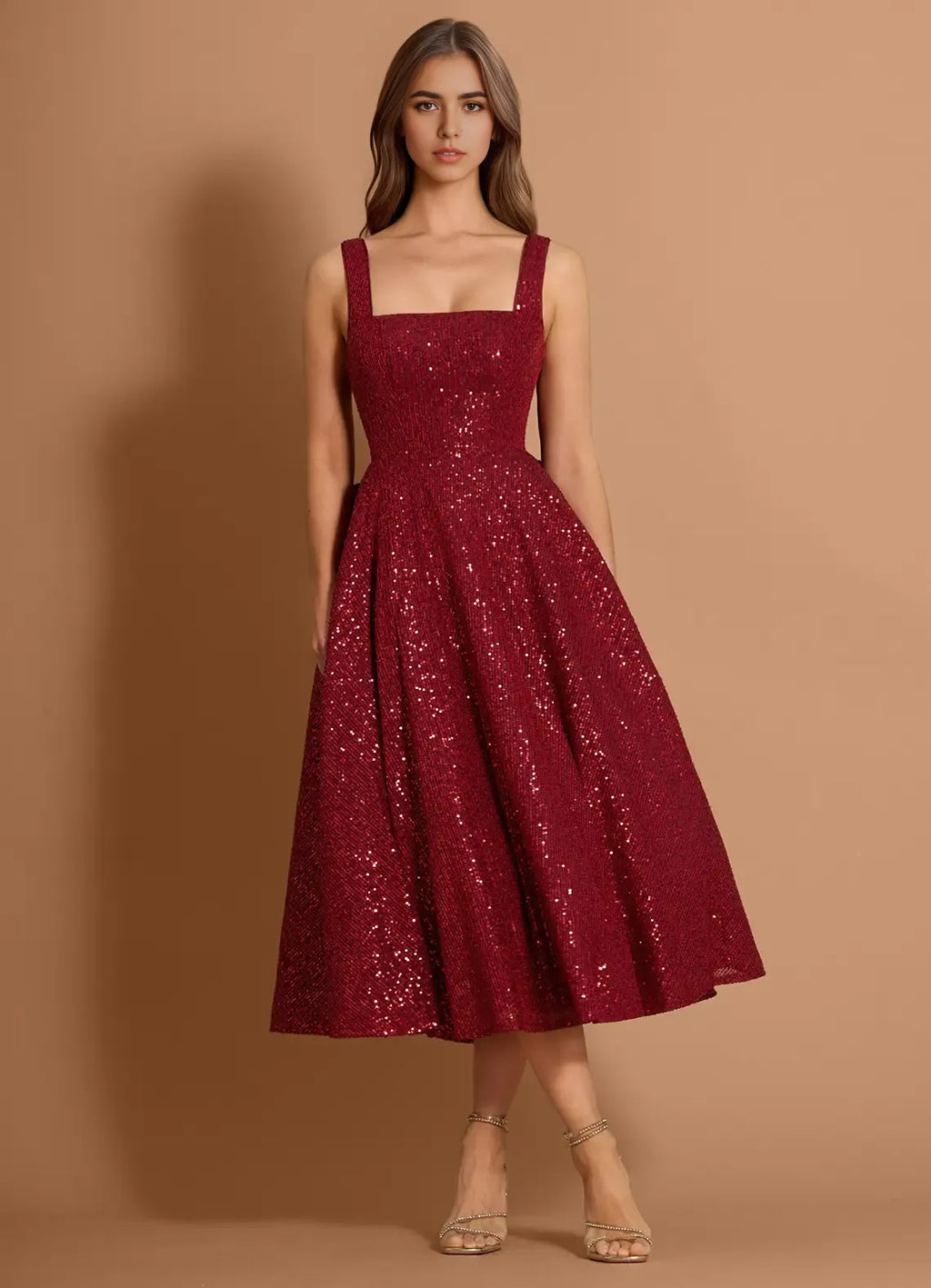 Sequin A Line Square Neck Sleeveless Bow Back Midi Length For Sale Prom Dress