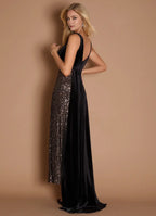 Sequin Accent V Neck Velvet Sheath Asymmetrical Train Floor Length For Ladies Prom Dress