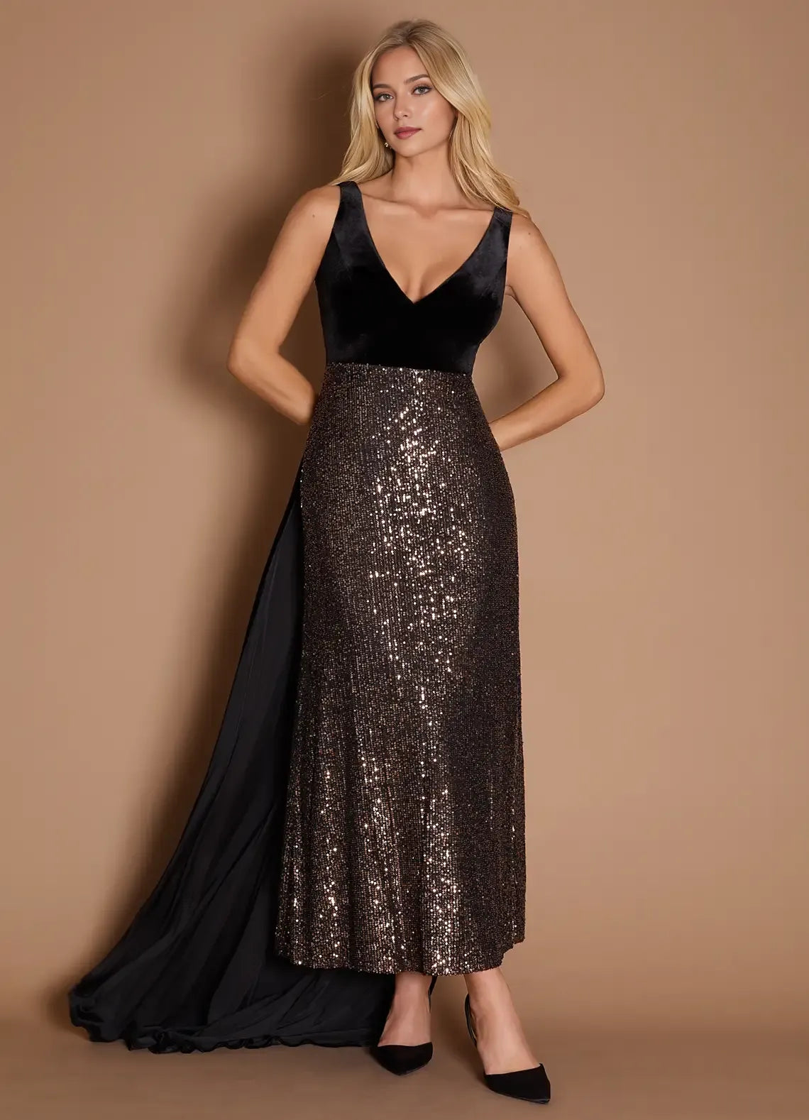 Sequin Accent V Neck Velvet Sheath Asymmetrical Train Floor Length For Ladies Prom Dress