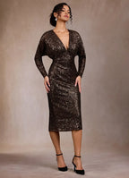 Sequin Blouson Sheath Deep V Neck Long Sleeve Keyhole Back Midi Length Female Prom Dress