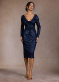 Sequin Draped Sheath Deep V Neck Long Sleeve Zipper Back Midi Length For Women Prom Dress