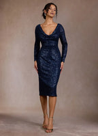 Sequin Draped Sheath Deep V Neck Long Sleeve Zipper Back Midi Length For Women Prom Dress