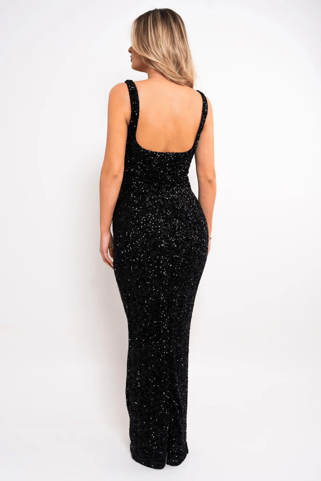 Sequin Textured Mermaid Square Neck Sleeveless Open Back Floor Length Female Prom Dress