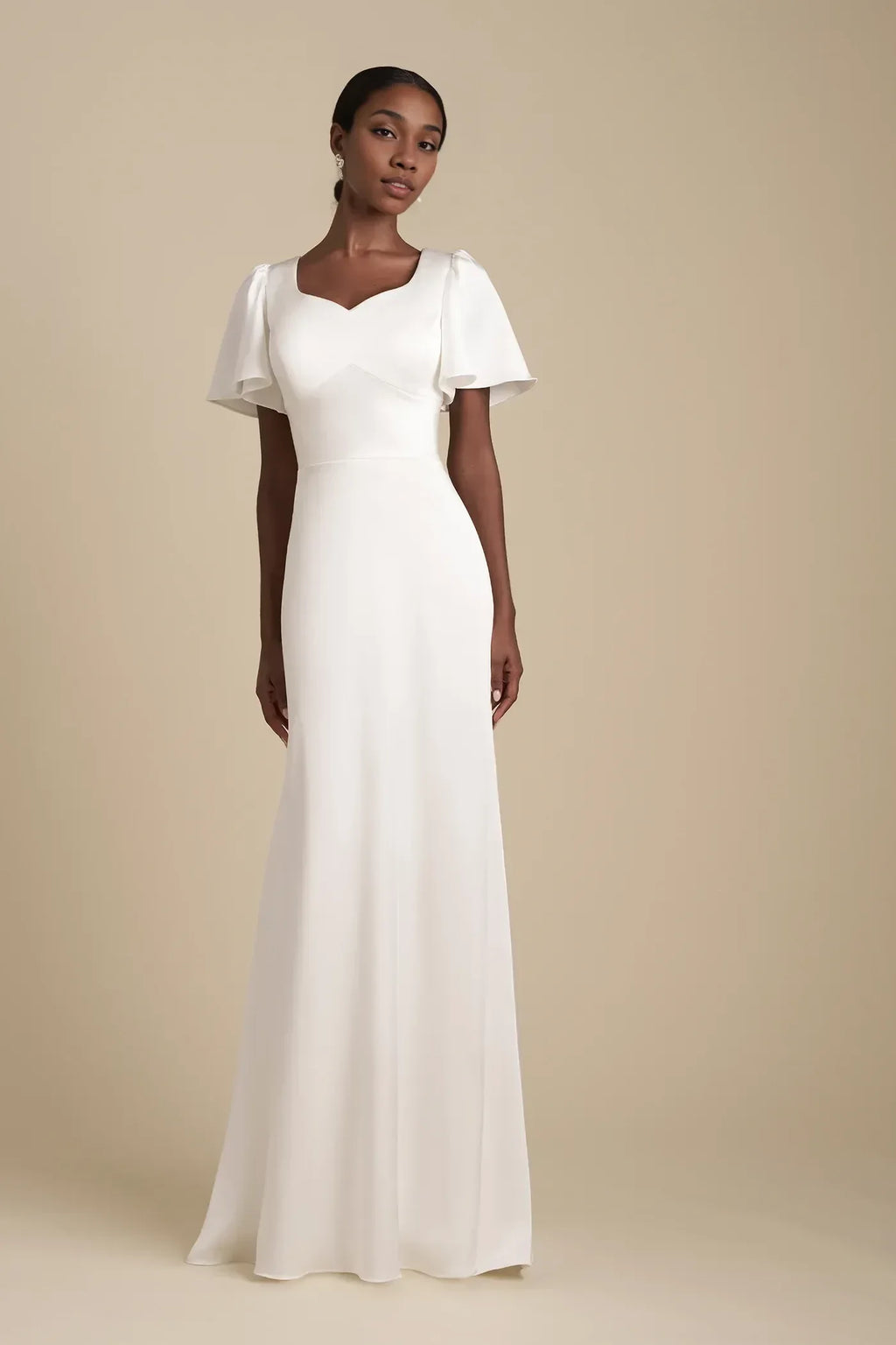 Serene Trumpet Sweetheart Neckline Flutter Sleeve Button Back Floor Length Wedding Dress
