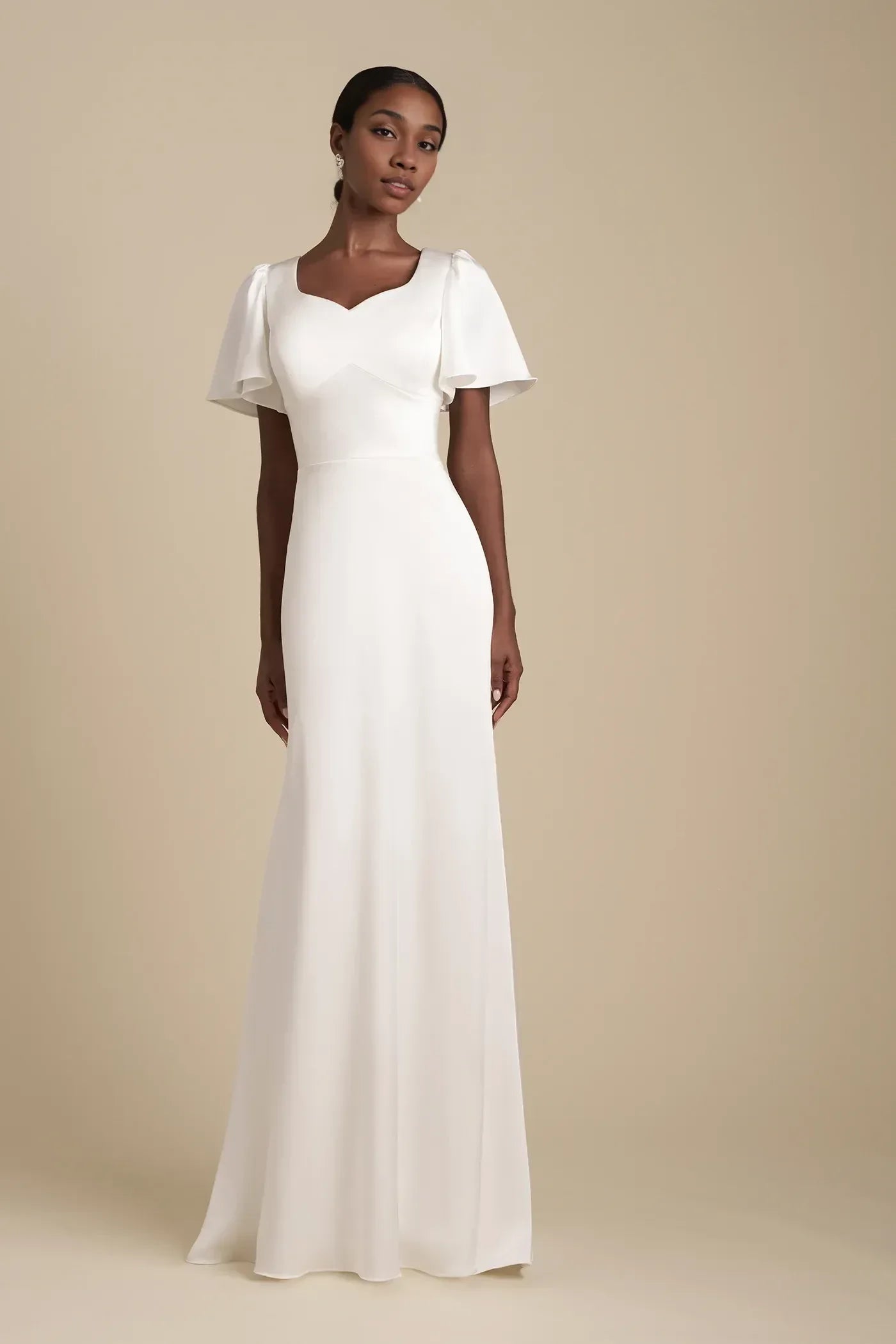 Serene Trumpet Sweetheart Neckline Flutter Sleeve Button Back Floor Length Wedding Dress