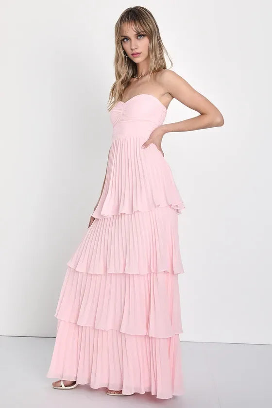 Pink Dress Light Pink Strapless Tie Maxi Dress Evening Dress A-Line Sleeveless Sweetheart Neck Prom Dress